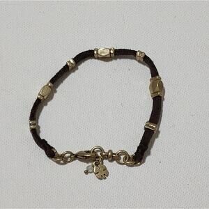 Lucky Brand Leather Cord Charm Bracelet Gold‎ Tone Clover Bead Women